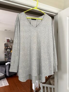 Jane and Delancey Heather Gray V-Neck Long Sleeve Top with Eyelet Detail